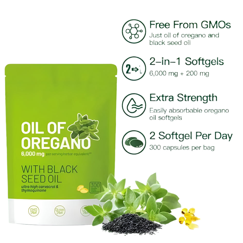Oil of Oregano with Black Seed Oil Softgel Capsules Antioxidant & Immune Support Enhance Respiratory Health 300Pcs/Bag
