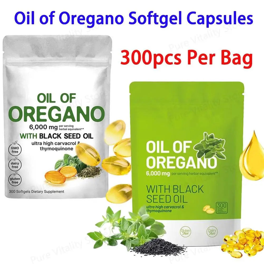 Oil of Oregano with Black Seed Oil Softgel Capsules Antioxidant & Immune Support Enhance Respiratory Health 300Pcs/Bag